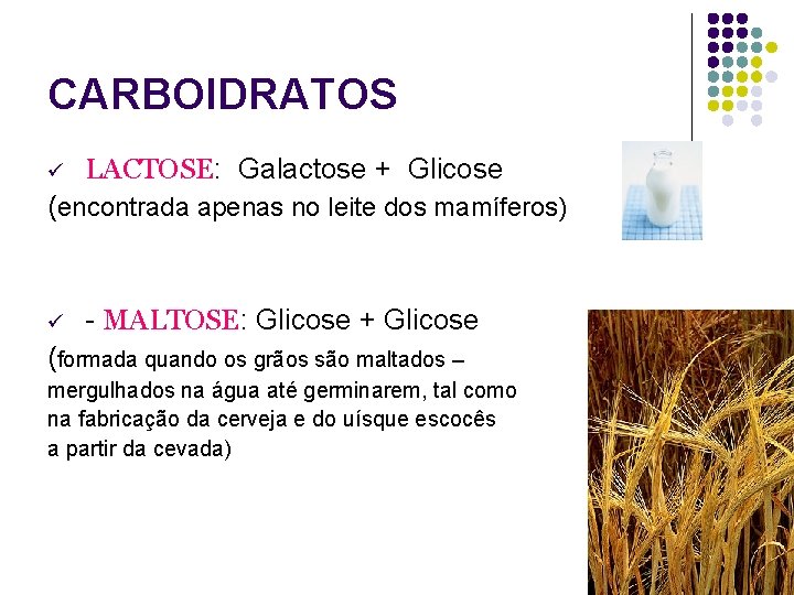 CARBOIDRATOS ü LACTOSE: Galactose + Glicose (encontrada apenas no leite dos mamíferos) ü -