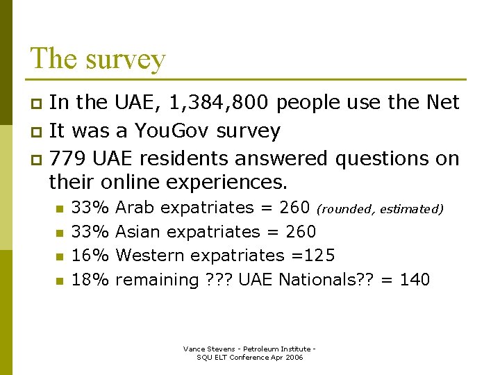 The survey In the UAE, 1, 384, 800 people use the Net p It
