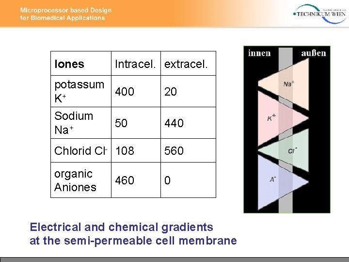 Iones Intracel. extracel. potassum 400 K+ 20 Sodium Na+ 440 50 Chlorid Cl- 108