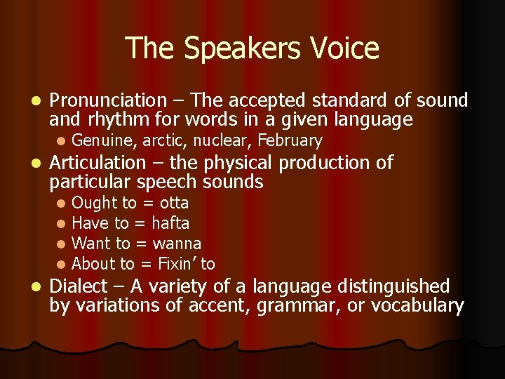 The Speakers Voice l Pronunciation – The accepted standard of sound and rhythm for