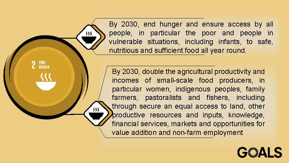 By 2030, end hunger and ensure access by all people, in particular the poor