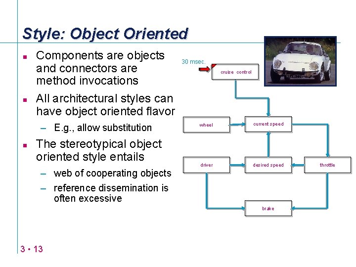 Style: Object Oriented n n Components are objects and connectors are method invocations All