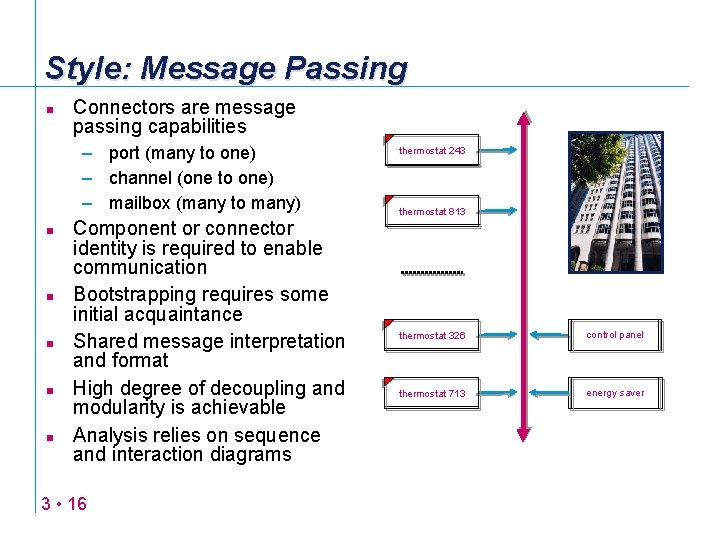 Style: Message Passing n Connectors are message passing capabilities – port (many to one)