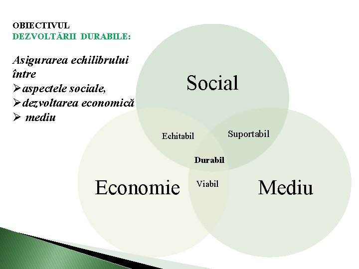 OBIECTIVUL DEZVOLTĂRII DURABILE: Asigurarea echilibrului între Øaspectele sociale, Ødezvoltarea economică Ø mediu Social Suportabil