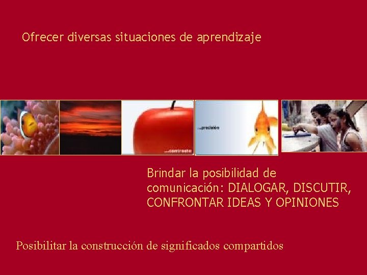 Ofrecer diversas situaciones de aprendizaje Brindar la posibilidad de comunicación: DIALOGAR, DISCUTIR, CONFRONTAR IDEAS