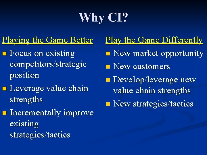 Why CI? Playing the Game Better n Focus on existing competitors/strategic position n Leverage