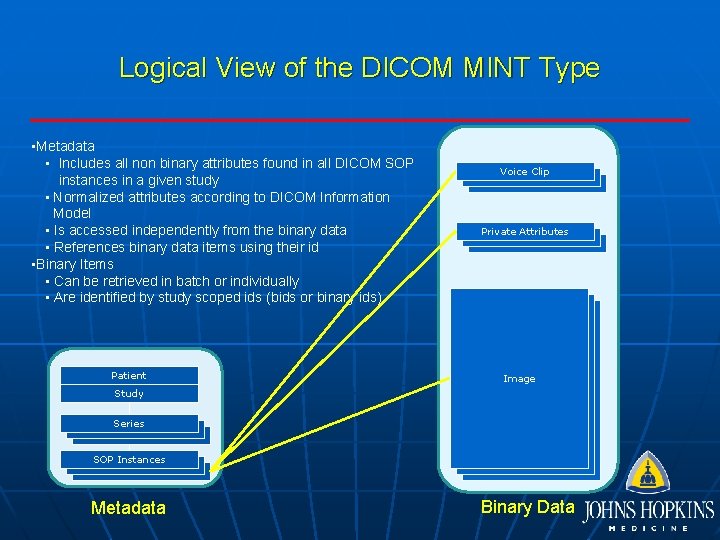 Logical View of the DICOM MINT Type • Metadata • Includes all non binary