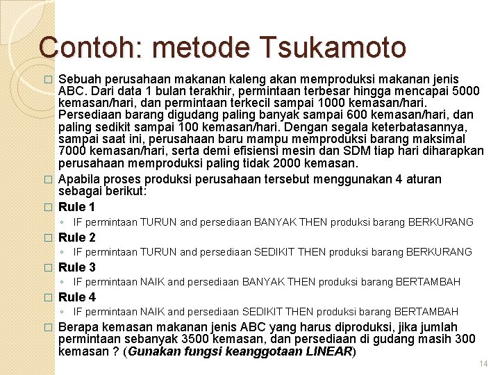 Contoh: metode Tsukamoto Sebuah perusahaan makanan kaleng akan memproduksi makanan jenis ABC. Dari data