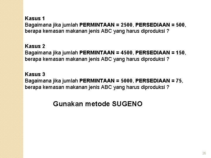 Kasus 1 Bagaimana jika jumlah PERMINTAAN = 2500, PERSEDIAAN = 500, berapa kemasan makanan