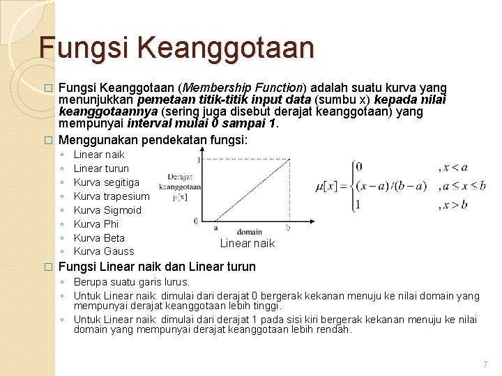 Fungsi Keanggotaan (Membership Function) adalah suatu kurva yang menunjukkan pemetaan titik-titik input data (sumbu