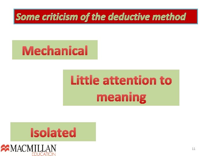 Some criticism of the deductive method Mechanical Little attention to meaning Isolated 11  Some criticism of the deductive method Mechanical Little attention to meaning Isolated 11
