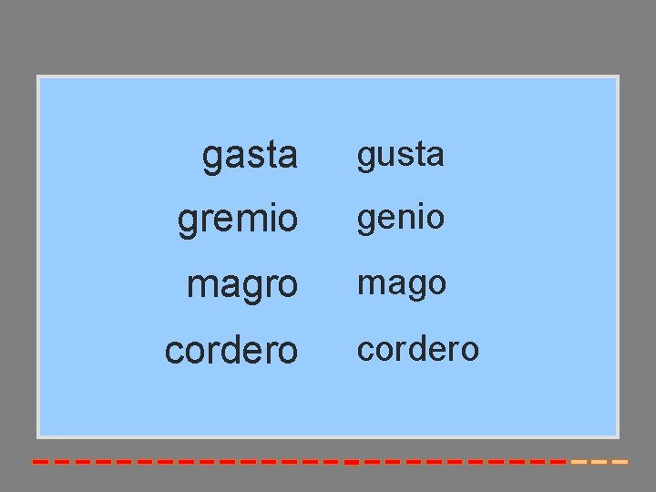 gasta gusta gremio genio magro mago cordero 