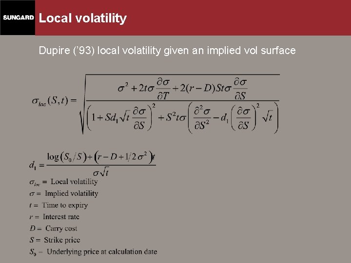 Local volatility Dupire (’ 93) local volatility given an implied vol surface 