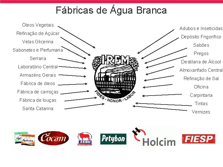Fábricas de Água Branca Óleos Vegetais Refinação de Açúcar Velas Glicerina Sabonetes e Perfumaria