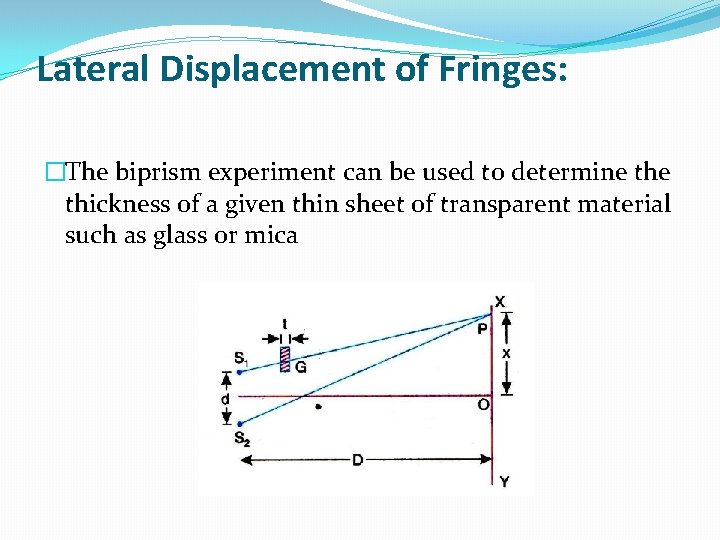 Lateral Displacement of Fringes: �The biprism experiment can be used to determine thickness of