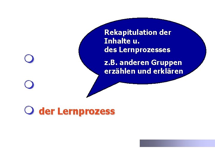 m Rekapitulation der Inhalte u. des Lernprozesses z. B. anderen Gruppen erzählen und erklären