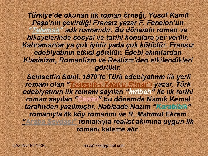 Türkiye’de okunan ilk roman örneği, Yusuf Kamil Paşa’nın çevirdiği Fransız yazar F. Fenelon’un “Telemak”