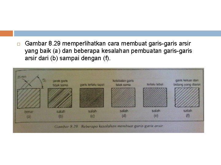  Gambar 8. 29 memperlihatkan cara membuat garis-garis arsir yang baik (a) dan beberapa