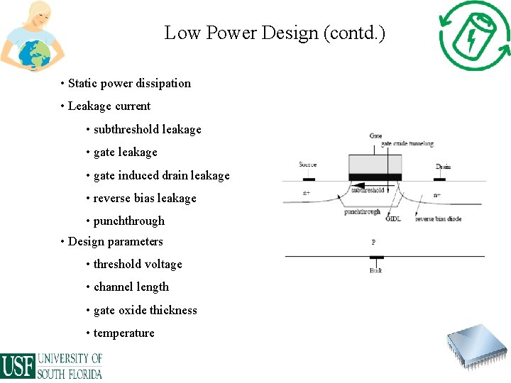 Low Power Design (contd. ) • Static power dissipation • Leakage current • subthreshold