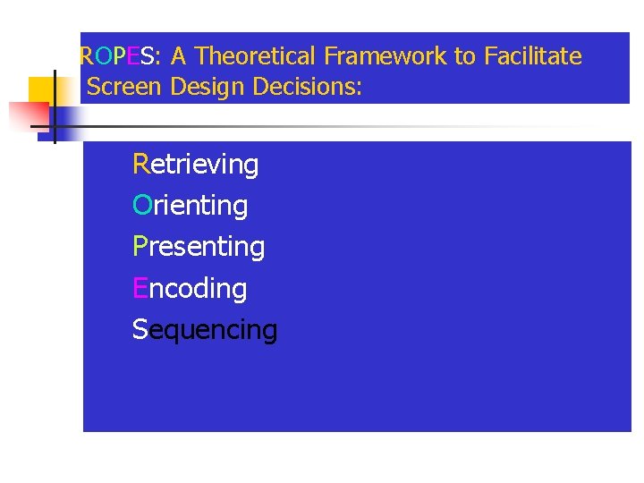 ROPES: A Theoretical Framework to Facilitate Screen Design Decisions: Ø Ø Ø Retrieving Orienting