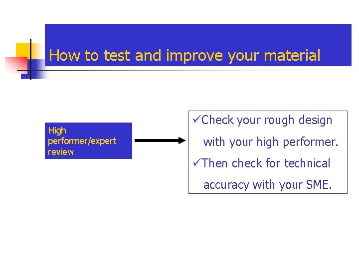 How to test and improve your material High performer/expert review üCheck your rough design