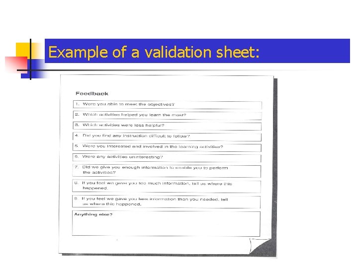 Example of a validation sheet: 