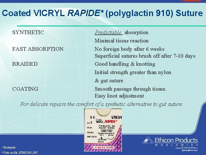 CONFIDENTIAL Coated VICRYL RAPIDE* (polyglactin 910) Suture SYNTHETIC Predictable absorption Minimal tissue reaction FAST