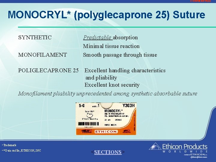 CONFIDENTIAL MONOCRYL* (polyglecaprone 25) Suture SYNTHETIC MONOFILAMENT Predictable absorption Minimal tissue reaction Smooth passage