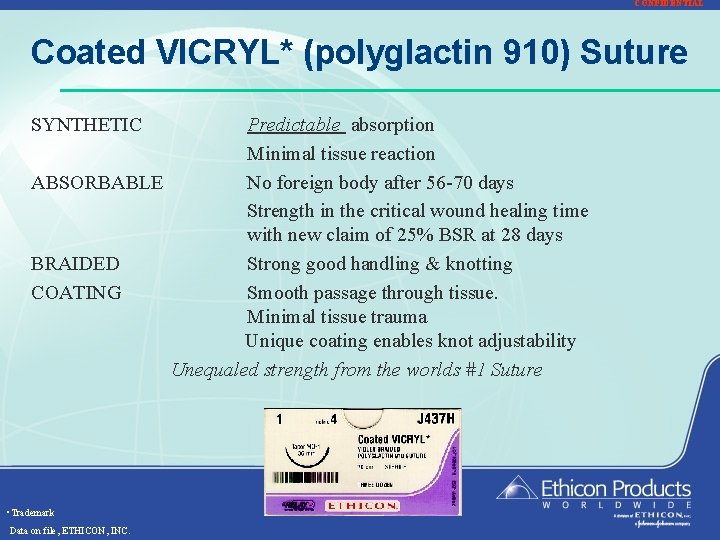 CONFIDENTIAL Coated VICRYL* (polyglactin 910) Suture SYNTHETIC Predictable absorption Minimal tissue reaction ABSORBABLE No