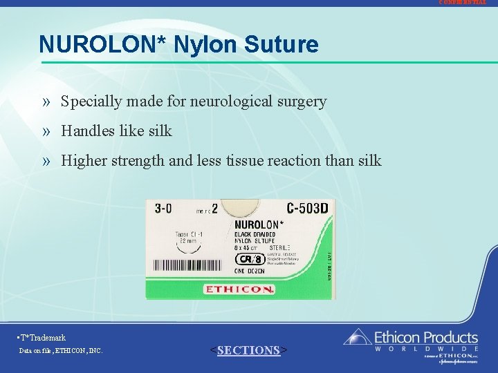 CONFIDENTIAL NUROLON* Nylon Suture » Specially made for neurological surgery » Handles like silk