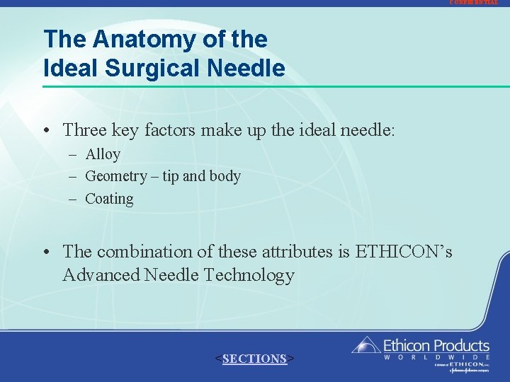 CONFIDENTIAL The Anatomy of the Ideal Surgical Needle • Three key factors make up