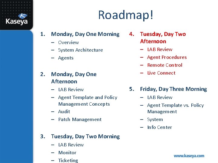 Roadmap! 1. Monday, Day One Morning – Overview – System Architecture – Agents 2.