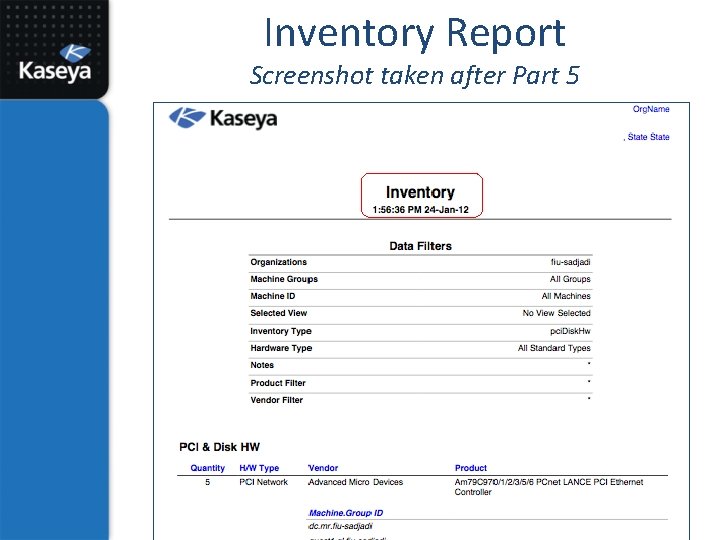 Inventory Report Screenshot taken after Part 5 
