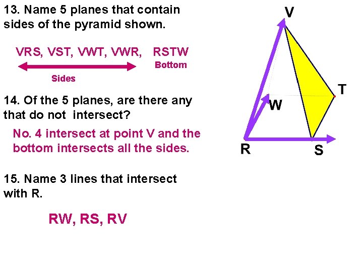 13. Name 5 planes that contain sides of the pyramid shown. VRS, VST, VWR,