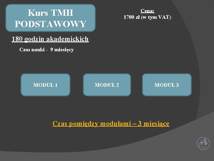 Kurs TMH PODSTAWOWY Cena: 1700 zł (w tym VAT) 180 godzin akademickich Czas nauki