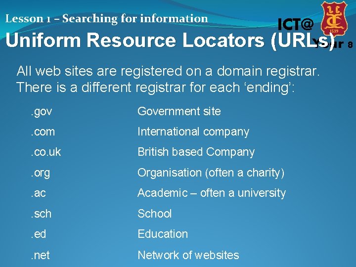 Lesson 1 – Searching for information ICT@ Uniform Resource Locators (URLs) Year 8 All