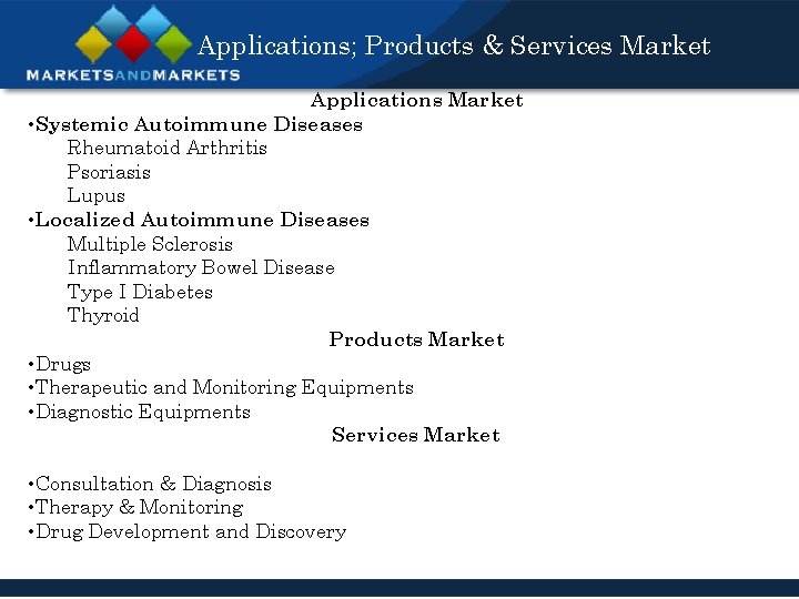 Applications; Products & Services Market Applications Market • Systemic Autoimmune Diseases Rheumatoid Arthritis Psoriasis