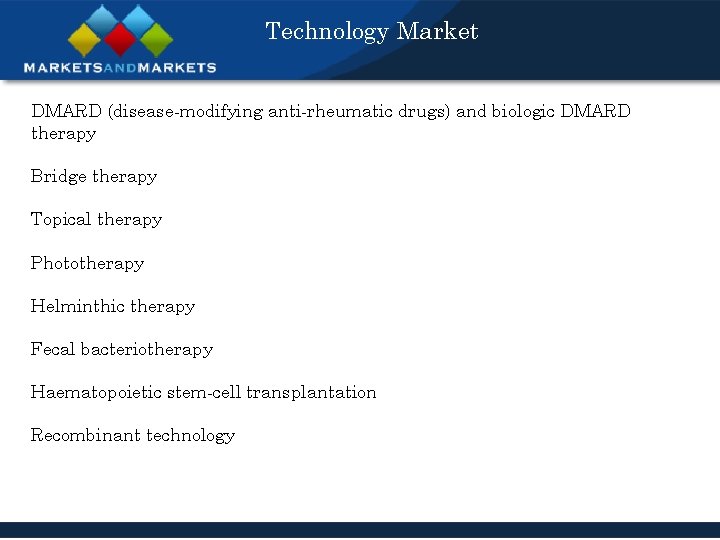 Technology Market DMARD (disease-modifying anti-rheumatic drugs) and biologic DMARD therapy Bridge therapy Topical therapy