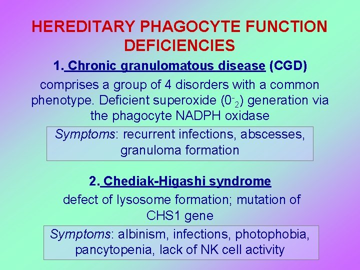 HEREDITARY PHAGOCYTE FUNCTION DEFICIENCIES 1. Chronic granulomatous disease (CGD) comprises a group of 4