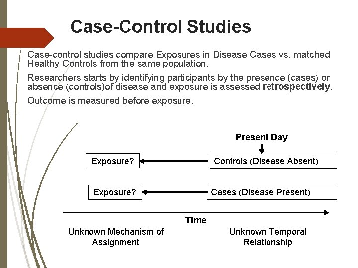 Case-Control Studies Case-control studies compare Exposures in Disease Cases vs. matched Healthy Controls from