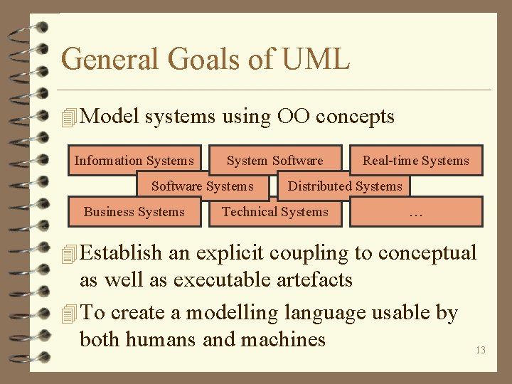 General Goals of UML 4 Model systems using OO concepts Information Systems System Software