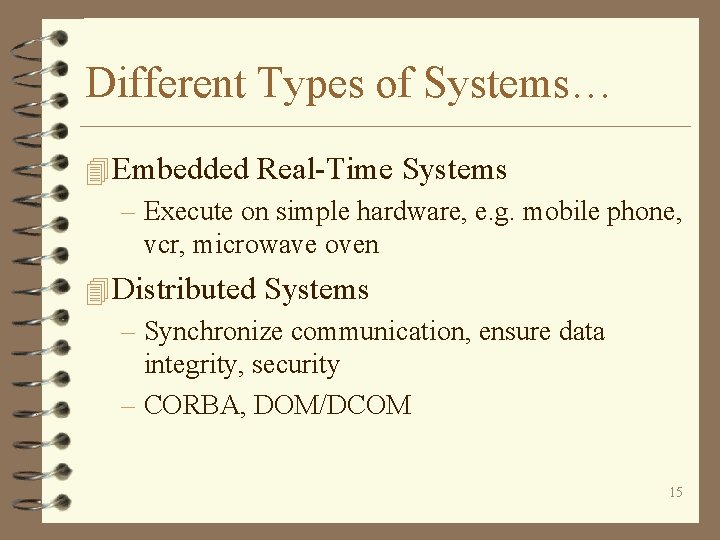 Different Types of Systems… 4 Embedded Real-Time Systems – Execute on simple hardware, e.