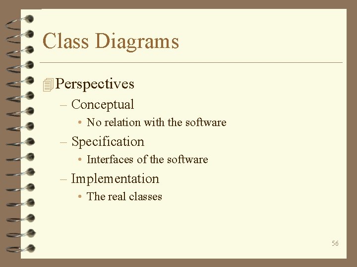 Class Diagrams 4 Perspectives – Conceptual • No relation with the software – Specification