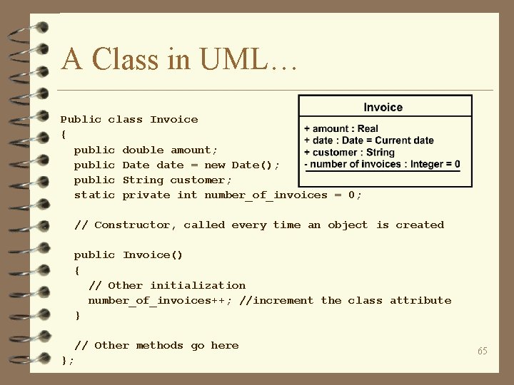 A Class in UML… Public class Invoice { public double amount; public Date date
