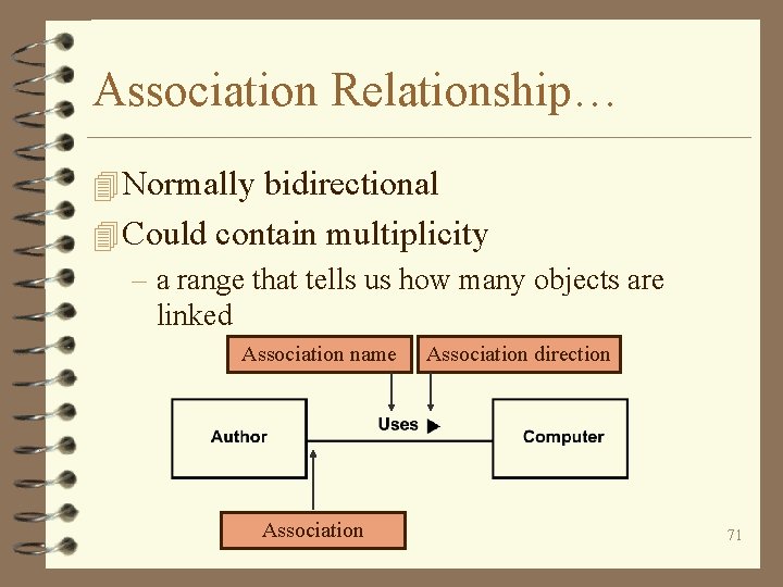 Association Relationship… 4 Normally bidirectional 4 Could contain multiplicity – a range that tells