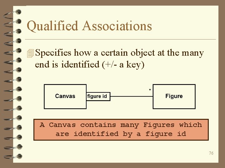 Qualified Associations 4 Specifies how a certain object at the many end is identified