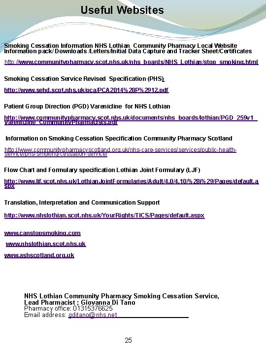  Useful Websites Smoking Cessation Information NHS Lothian Community Pharmacy Local Website Information pack/
