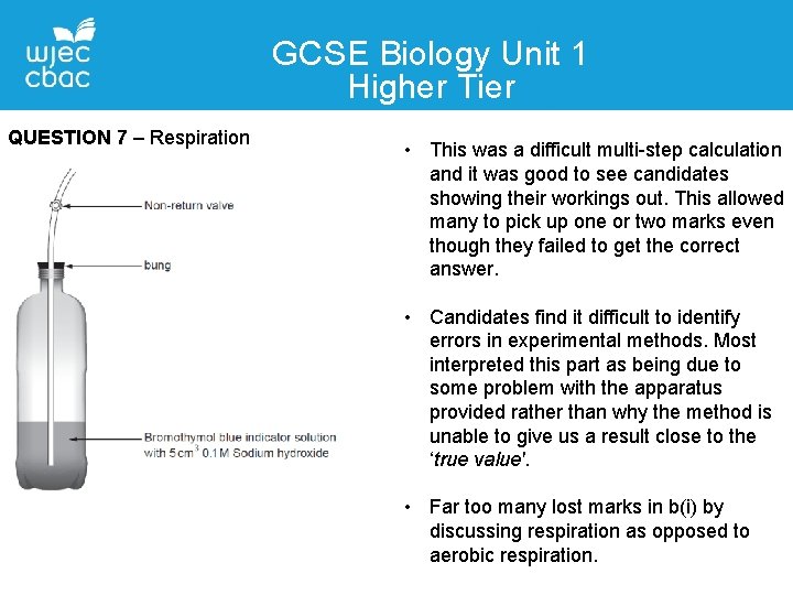 GCSE Biology Unit 1 Higher Tier QUESTION 7 – Respiration • This was a