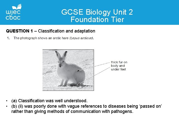 GCSE Biology Unit 2 Foundation Tier QUESTION 1 – Classification and adaptation • (a)