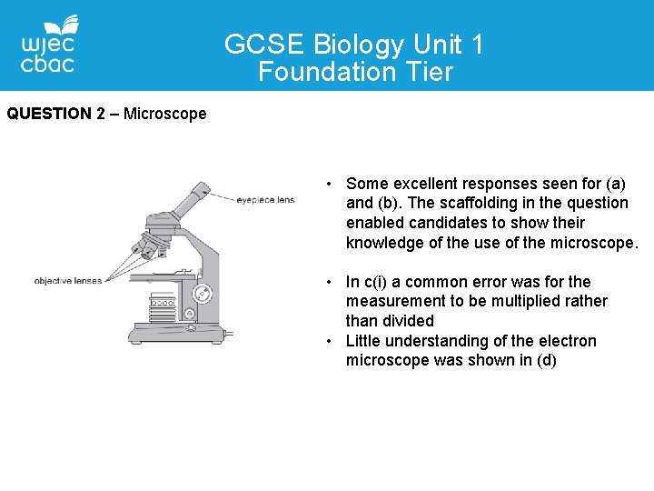 GCSE Biology Unit 1 Foundation Tier QUESTION 2 – Microscope • Some excellent responses